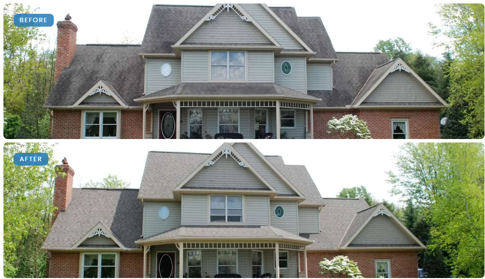 Before and after roof restoration, two-story home