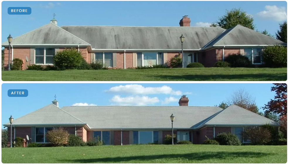 Before and after roof restoration, ranch home
